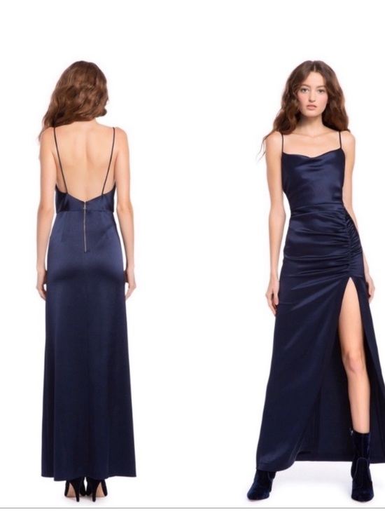 Alice + Olivia Dresses & Skirts - Alice & Olivia Navy Satin Cowl Neck Slip Dress with Side Ruched Slit